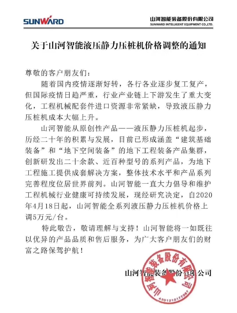 关于Z6官网智能液压静力压桩机价值调整的通知